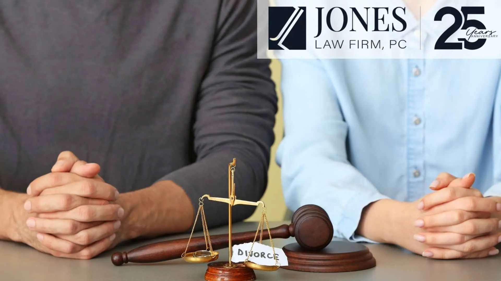 Couple consulting divorce attorney with scales, gavel, and divorce paper