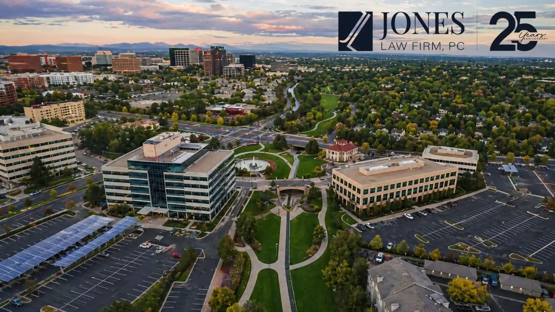 Aerial view of downtown Greenwood Village, where a growing population needs Family law services.