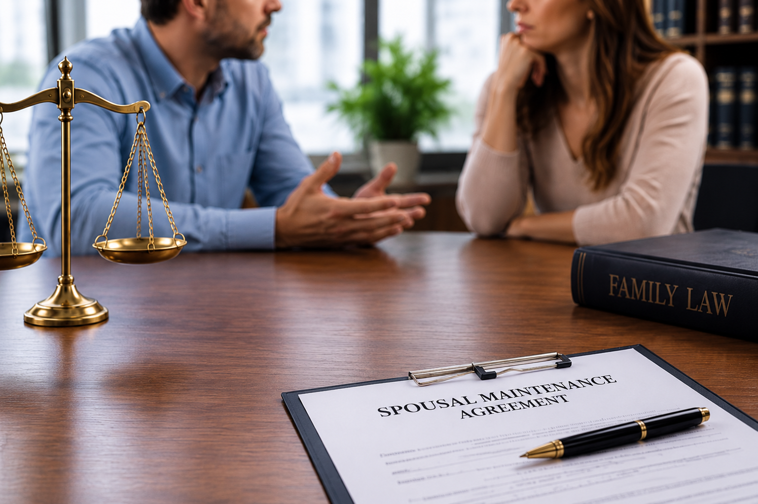 Couple discussing spousal maintenance with legal documents