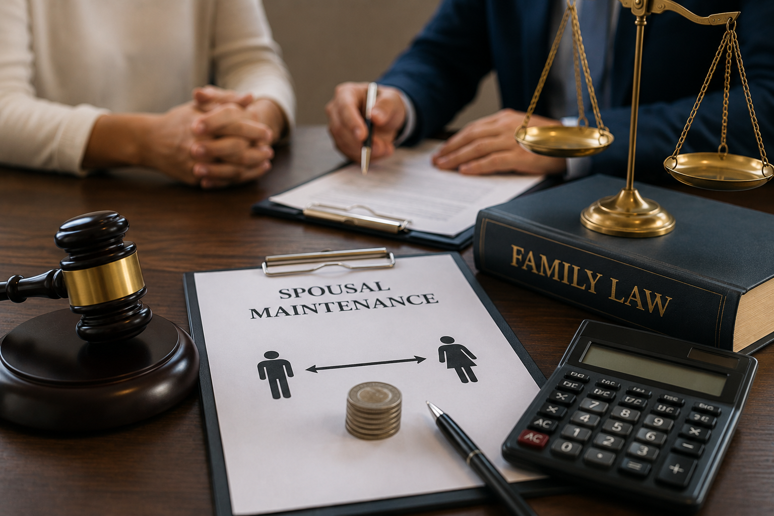 Spousal maintenance documents with gavel and scales