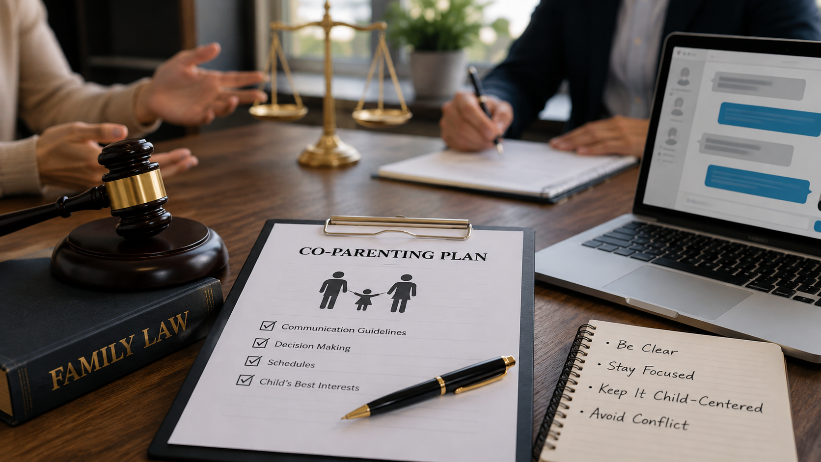Co-parenting plan document on lawyer’s desk