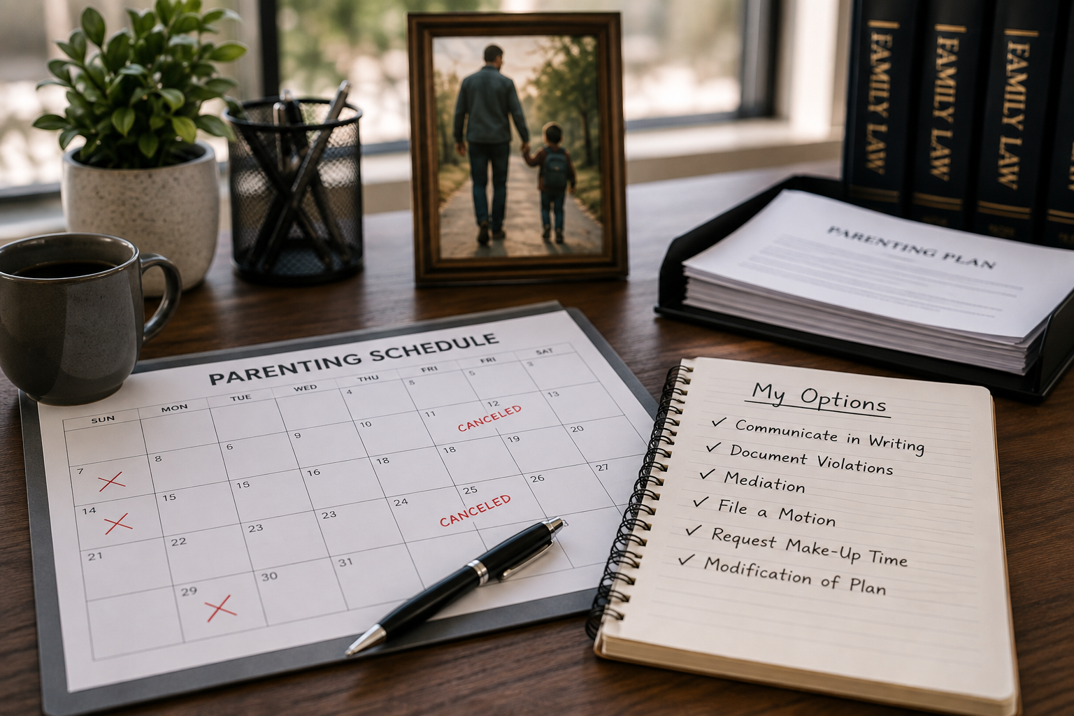 Parenting schedule and legal documents on desk