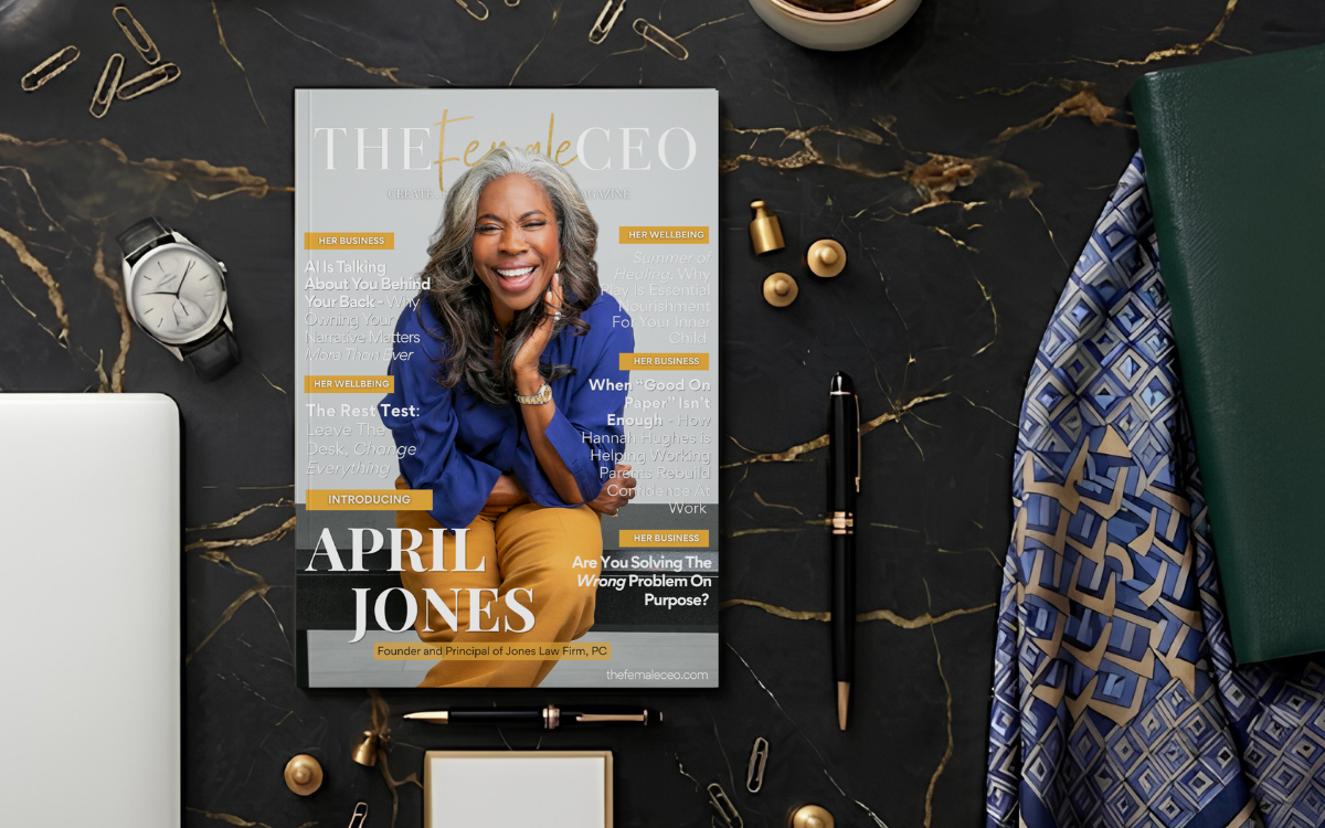 The Female CEO magazine on an elegant black marble desk
