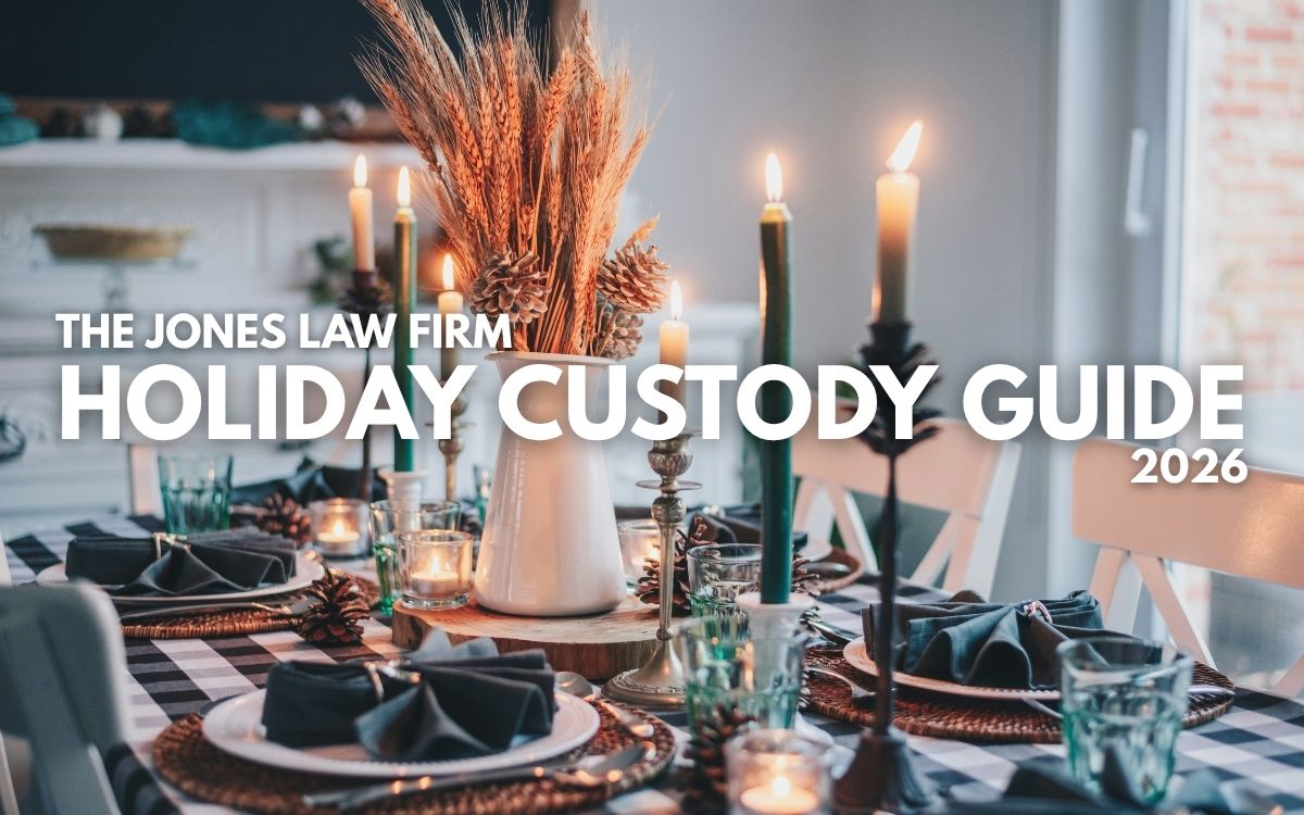 Holiday dinner table with custody guide text overlay