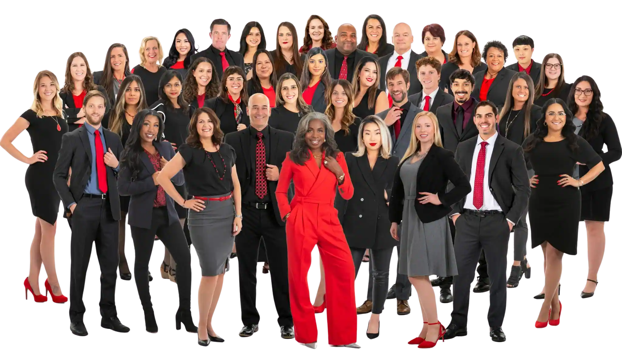 Large diverse professional team in black and red attire